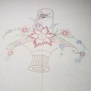 Vintage Hand Embroidered White Tablecloth